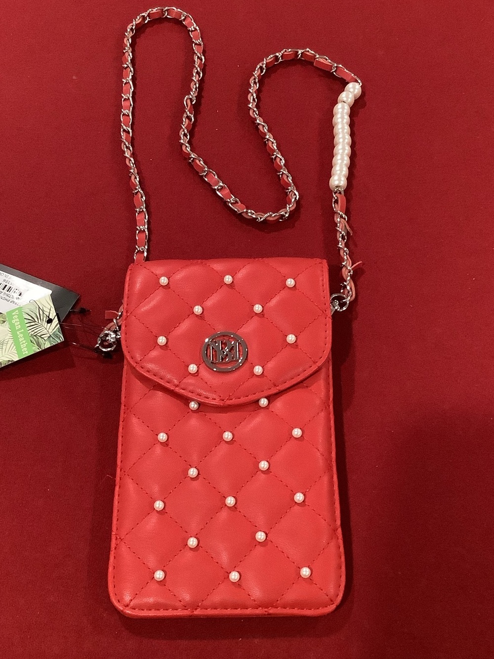 Badgley Mischka Red Quilted Pearl-Studded Phone Case with Logo Medallion